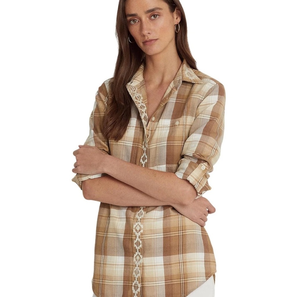 Lauren Ralph Lauren Black Label Plaid Shirt Aztec Embroidery EUC Large